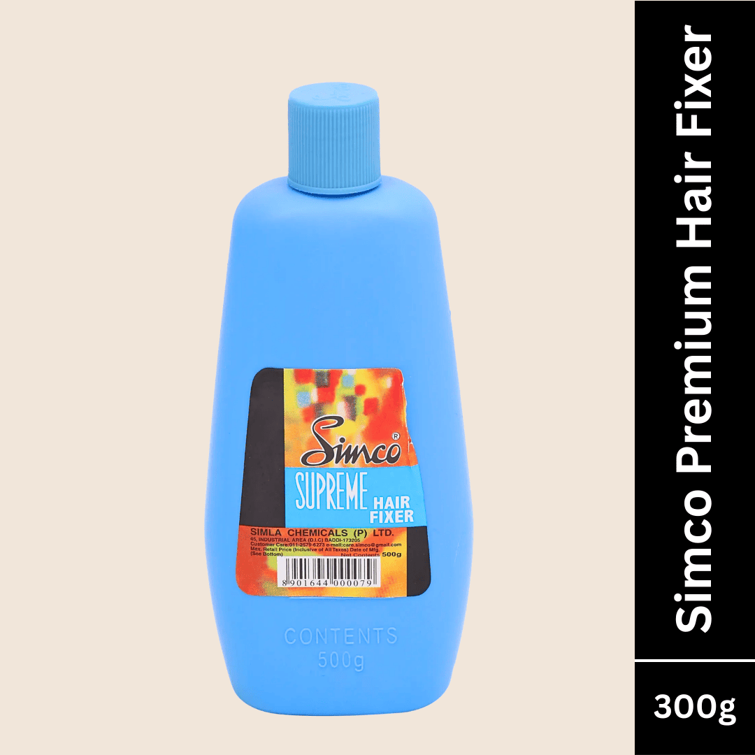 Blue bottle of Simco Supreme Hair Fixer on a beige background