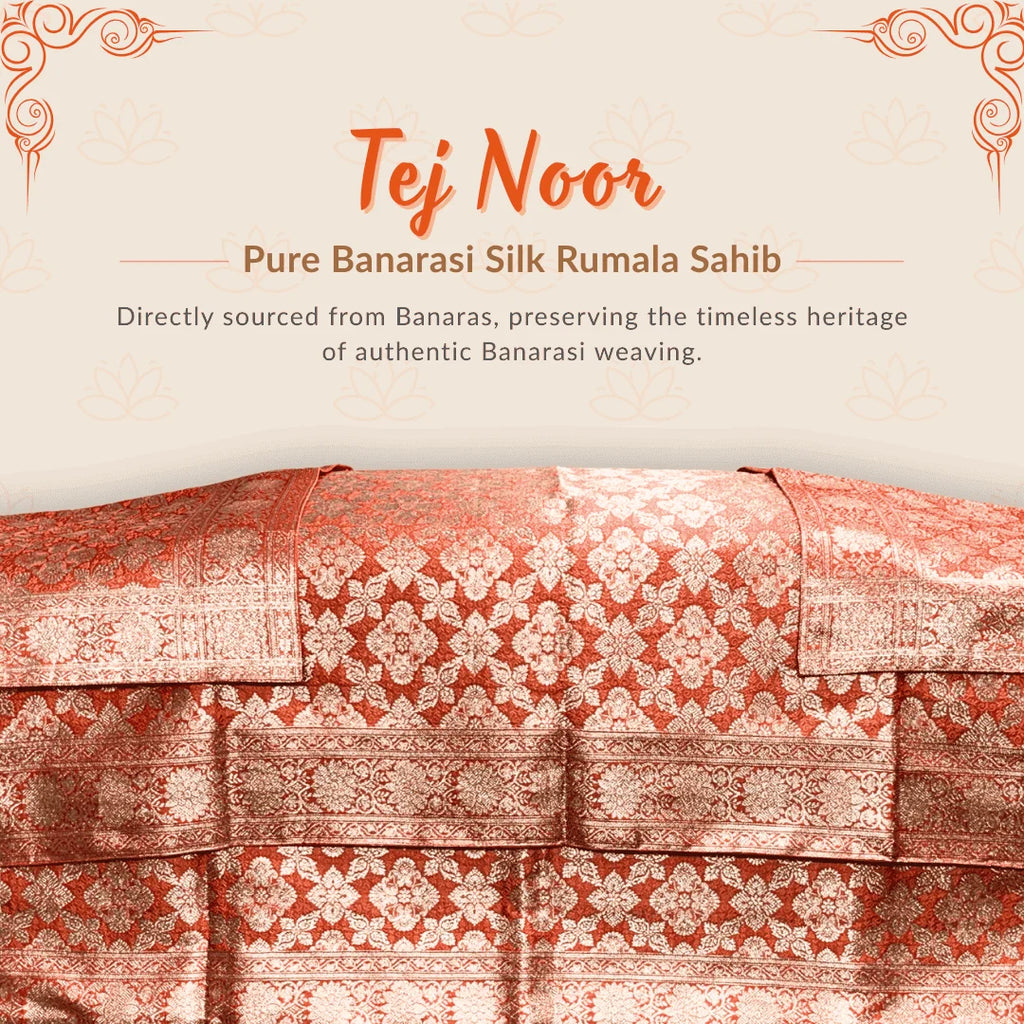 Tej Noor Pure Banarasi Silk Rumala Sahib Double Set for Guru Granth Sahib Ji. Rich Rust Orange & Gold Zari Design. Cotton Lined Rumala Sahib. Premium Quality Rumala Shib for guru granth sahib ji.