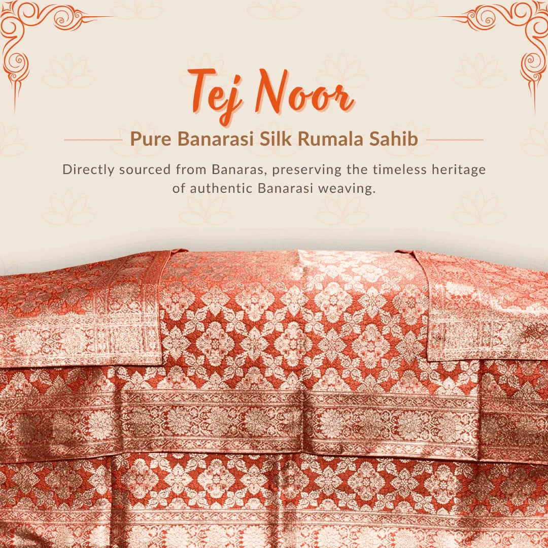 Tej Noor Pure Banarasi Silk Rumala Sahib Double Set for Guru Granth Sahib Ji. Rich Rust Orange & Gold Zari Design. Cotton Lined Rumala Sahib. Premium Quality Rumala Shib for guru granth sahib ji.