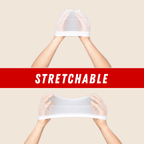 White headband being stretched by hands with 'STRETCHABLE' text on a beige background