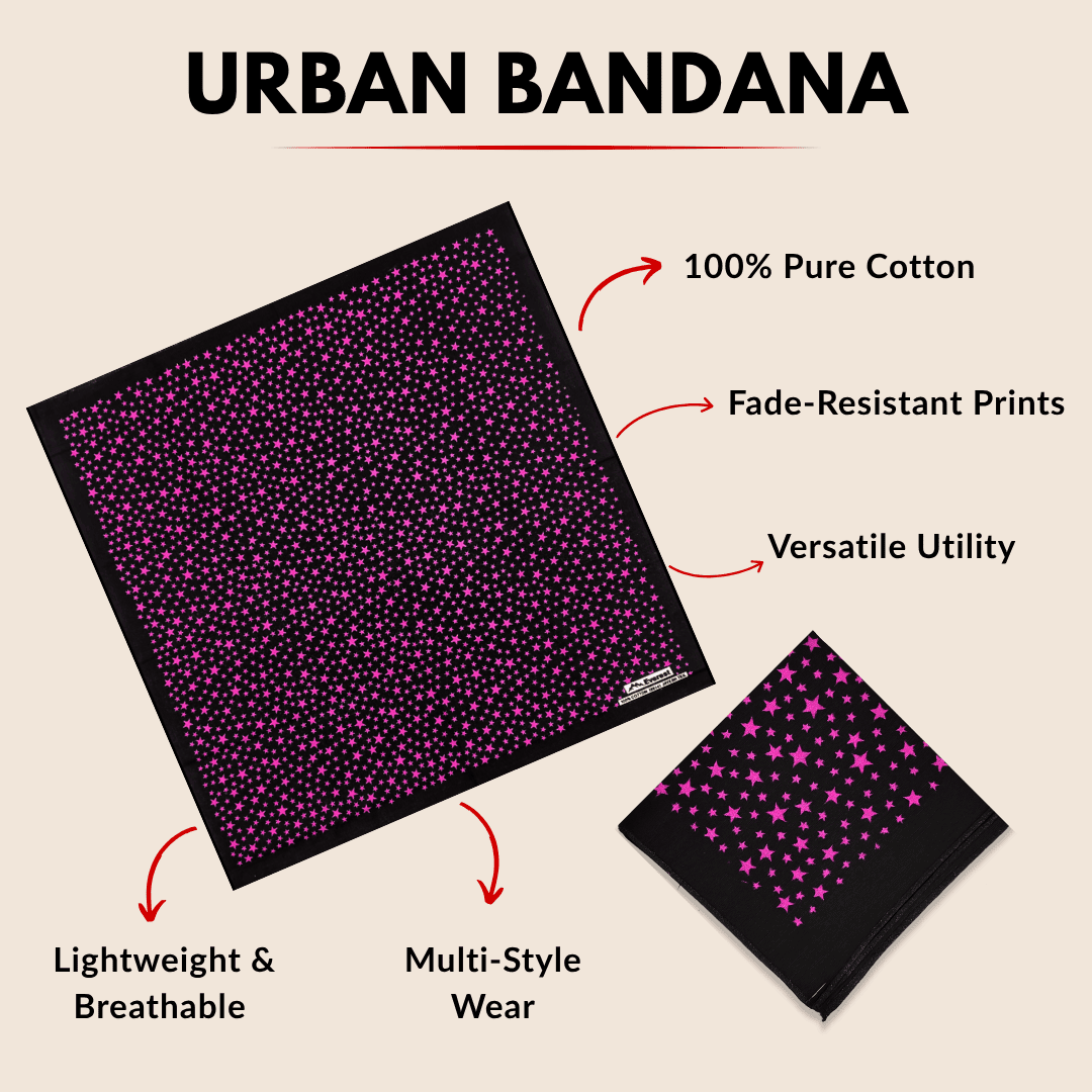Black bandana with pink star pattern on a beige background, featuring text about the bandana's features.
