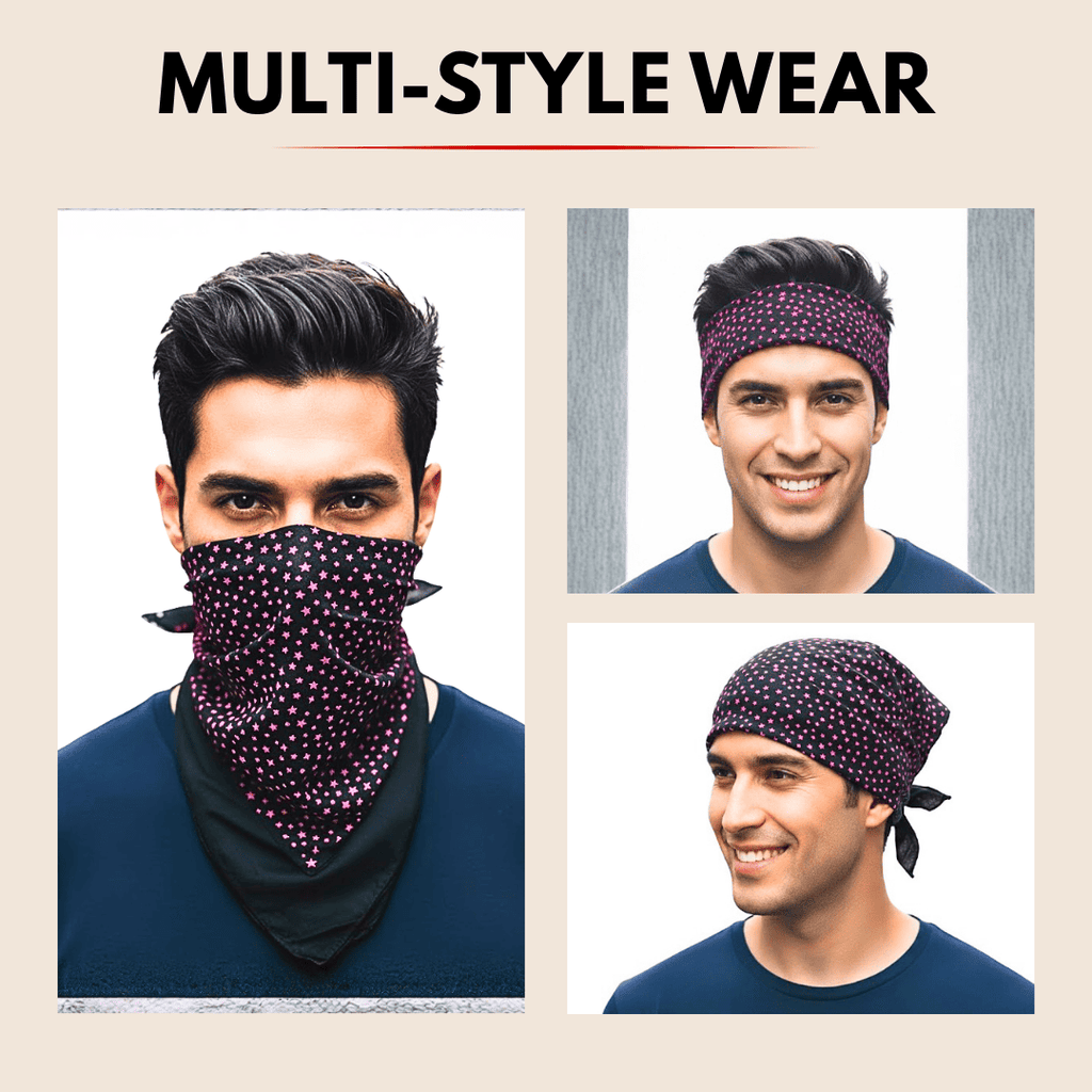 Man wearing a polka dot headband and face mask with text 'Multi-Style Wear' on a beige background.