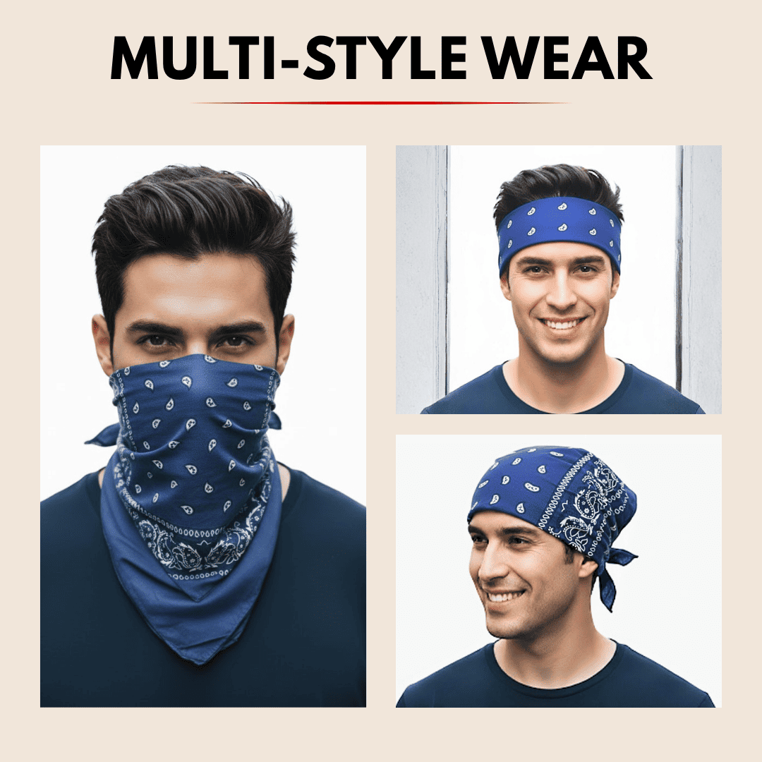 Man wearing a blue bandana in various styles on a beige background with 'Multi-Style Wear' text.