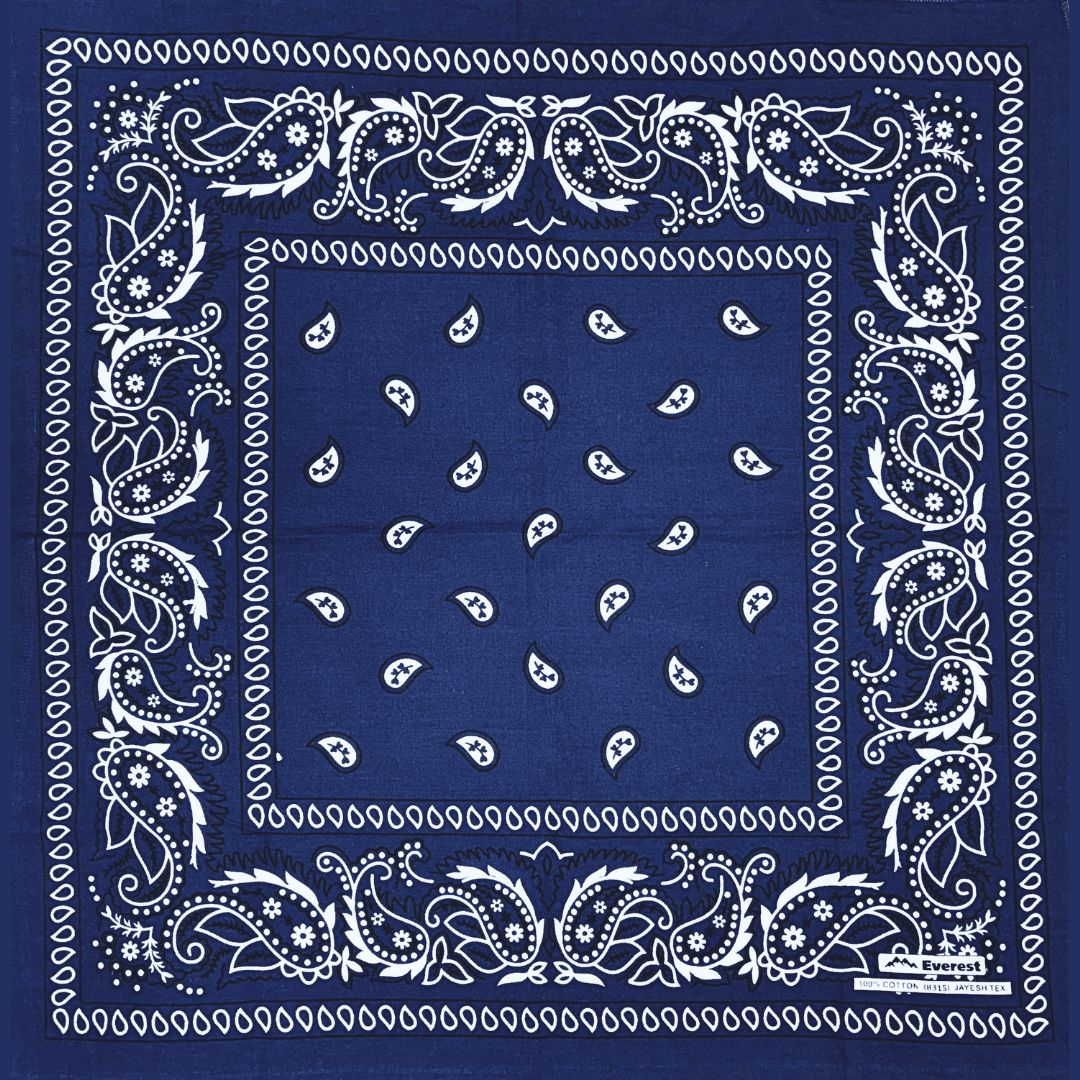 Blue bandana with white paisley patterns