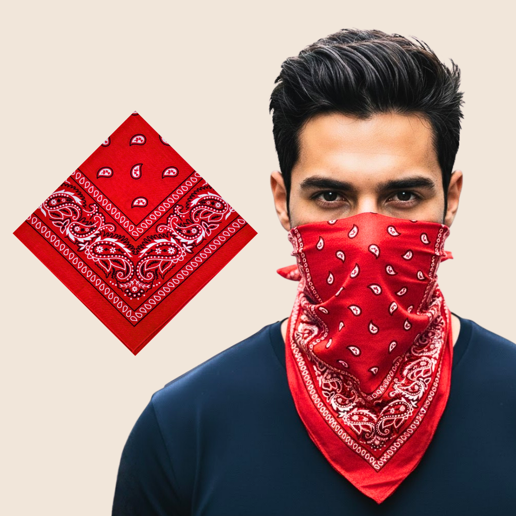 man wearing red paisley bandana