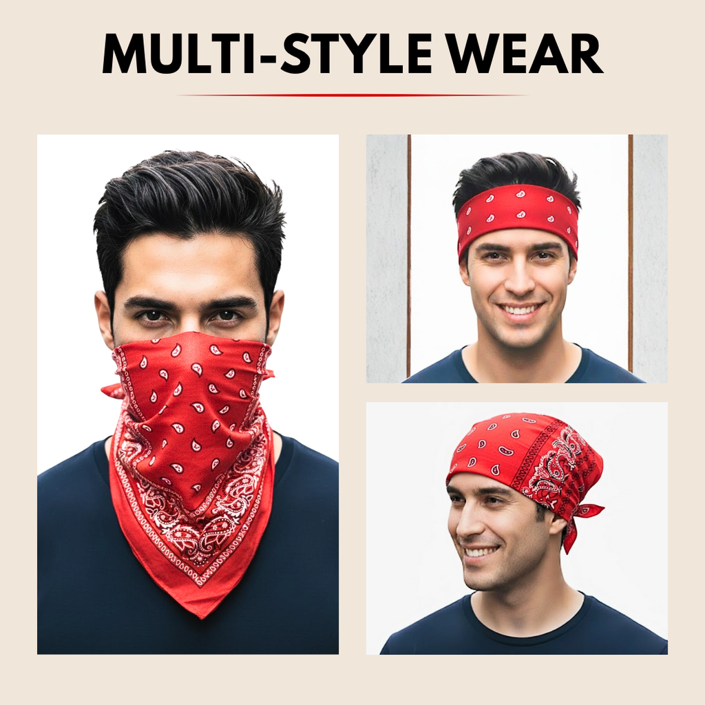 red paisley bandana worn in different styles 