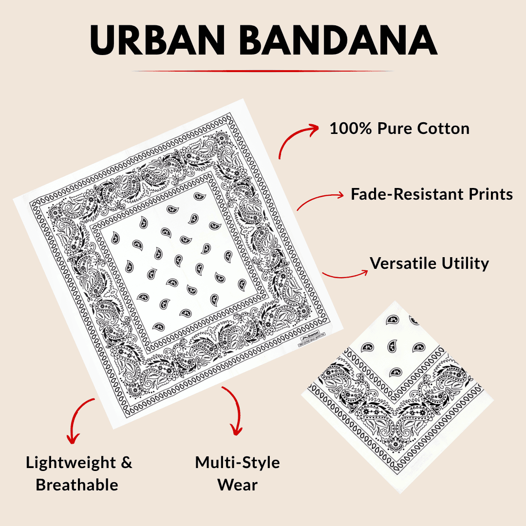 Urban bandana with features listed on a beige background