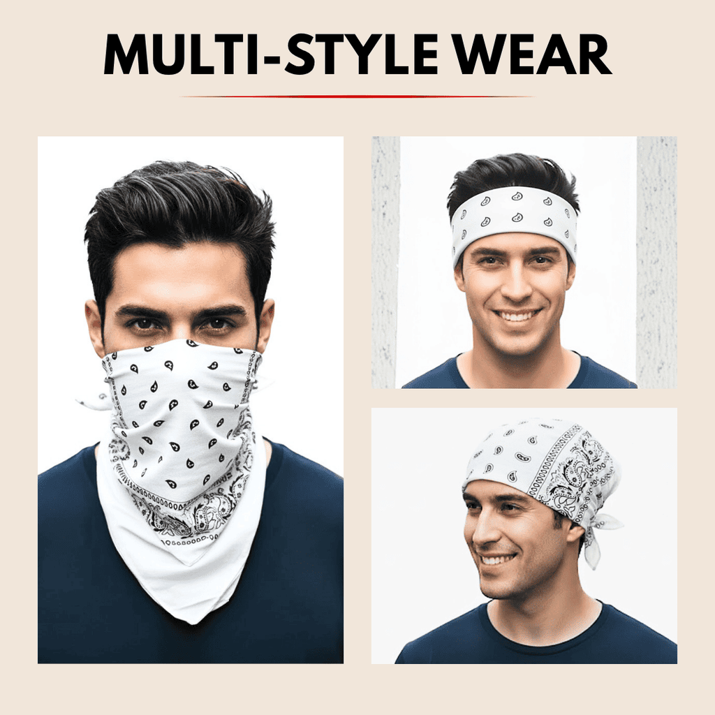 Man wearing a white bandana with black patterns in various styles on a beige background.