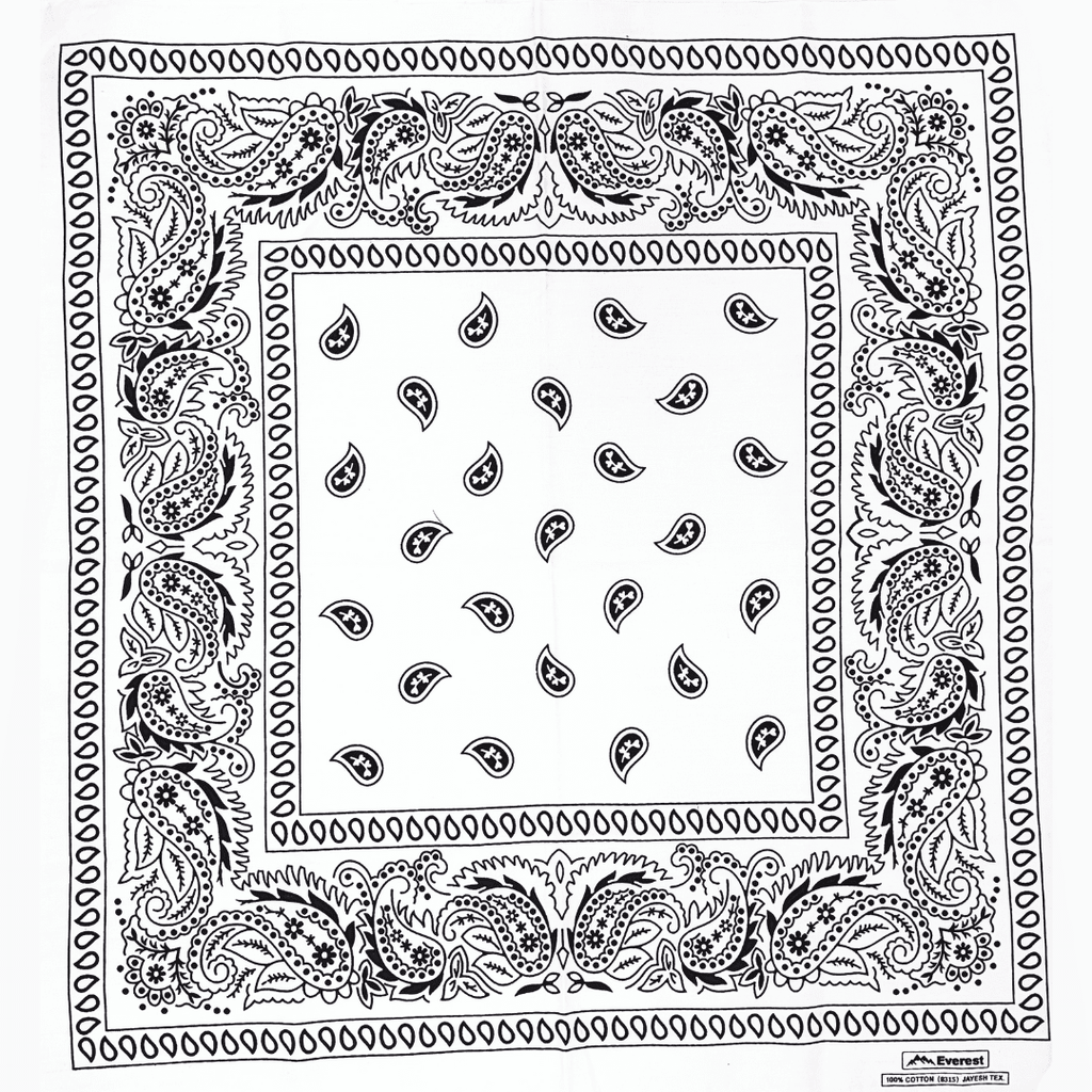 Black and white bandana with paisley patterns on a white background