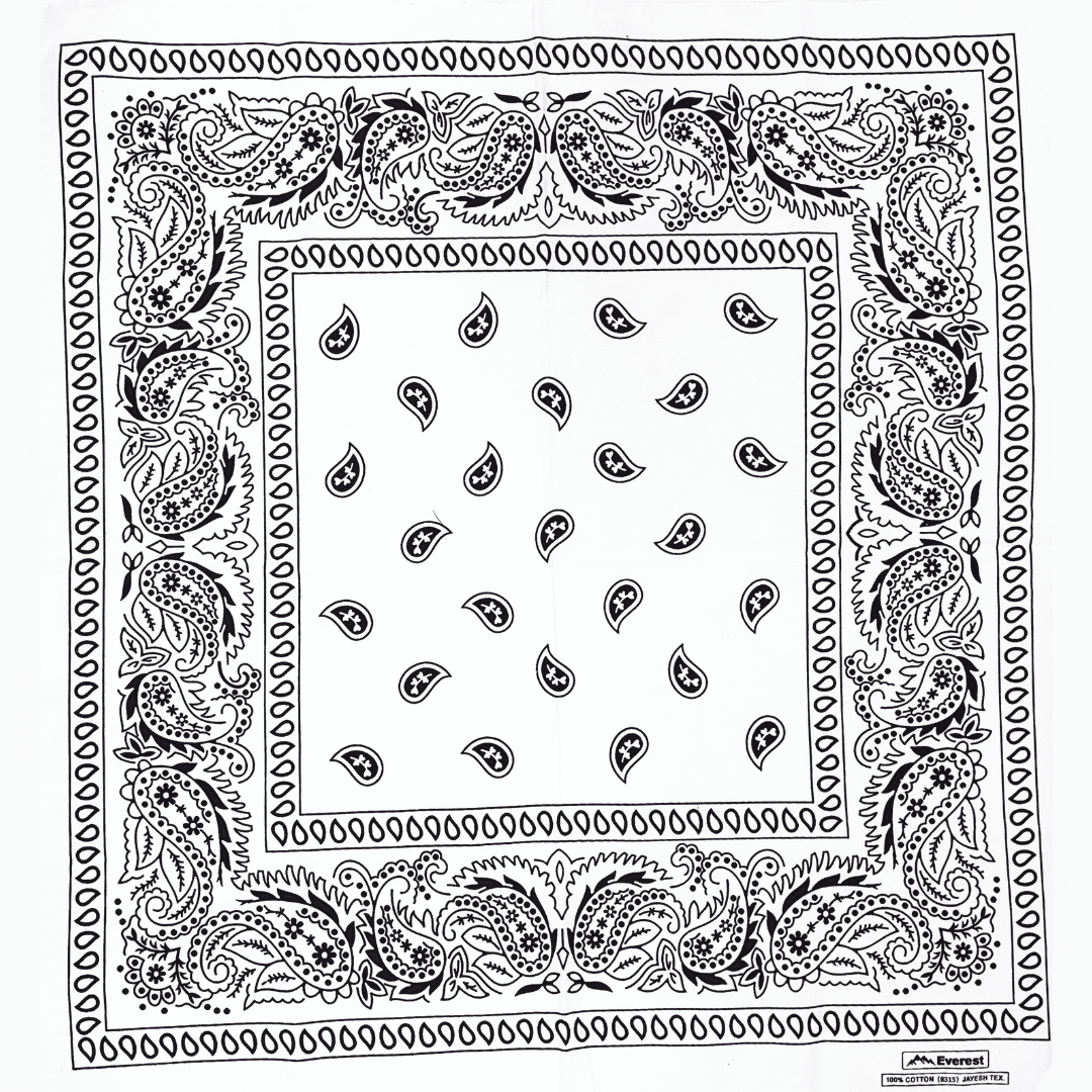 Black and white bandana with paisley patterns on a white background