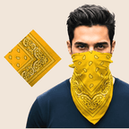 Man wearing a yellow bandana with black patterns, next to a close-up of the bandana on a beige background.