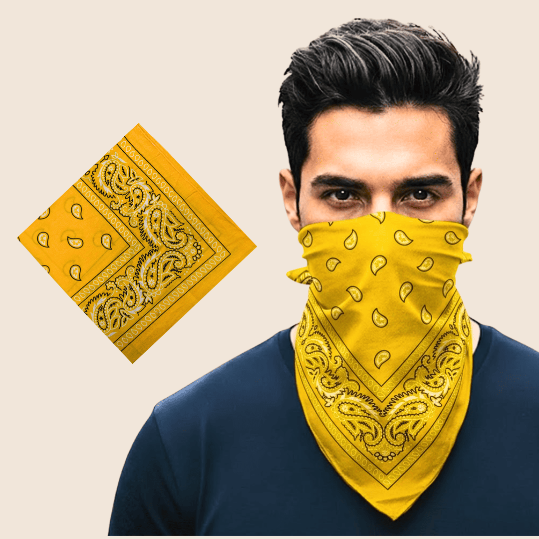 Man wearing a yellow bandana with black patterns, next to a close-up of the bandana on a beige background.