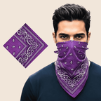 Man wearing a purple bandana with white patterns on a beige background