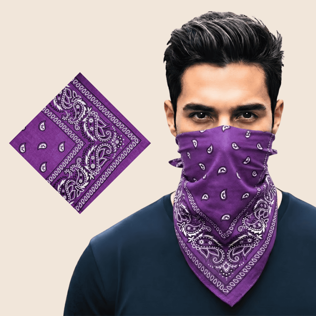 Man wearing a purple bandana with white patterns on a beige background