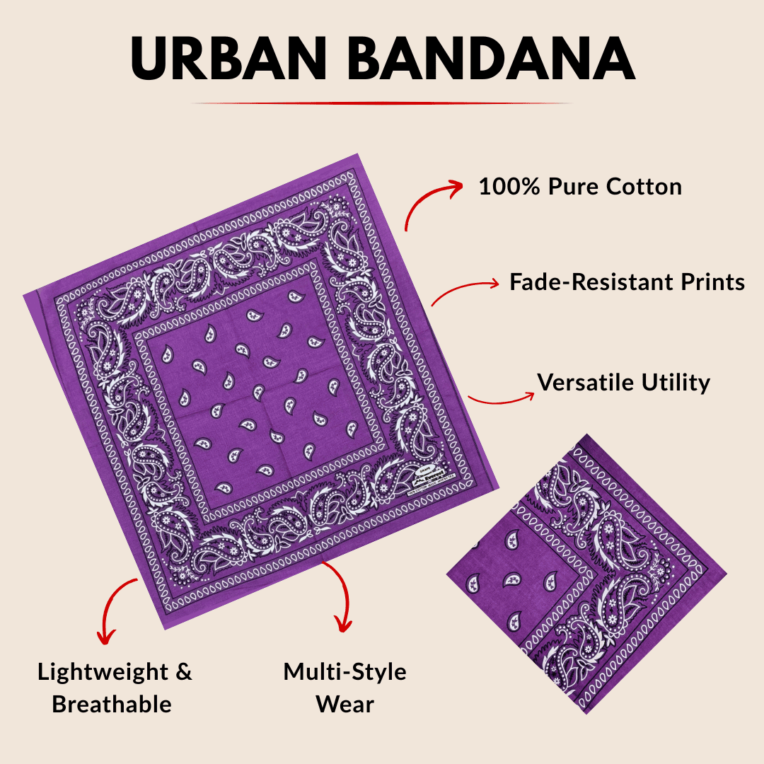 Purple bandana with text highlighting features on a beige background