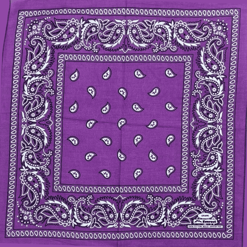 Purple bandana with white paisley patterns