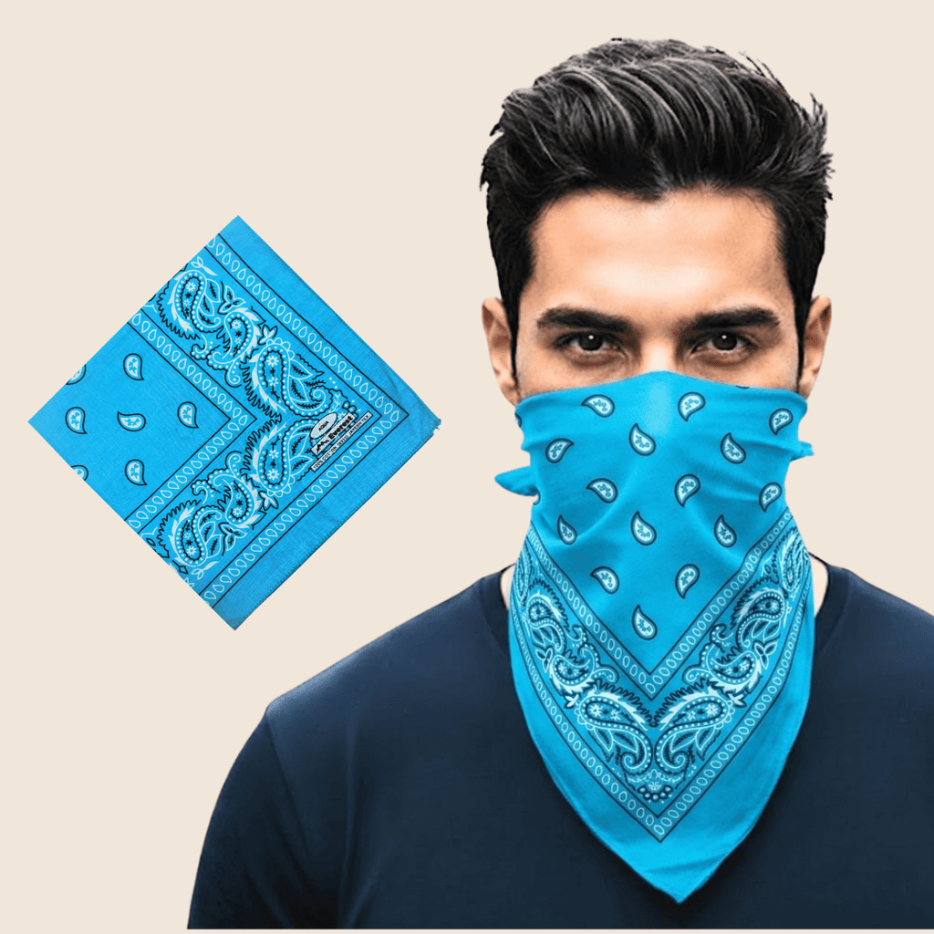 urban paisley print square bandana worn by a man in turquoise blue color