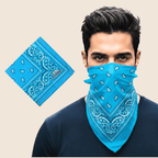urban paisley print square bandana worn by a man in turquoise blue color