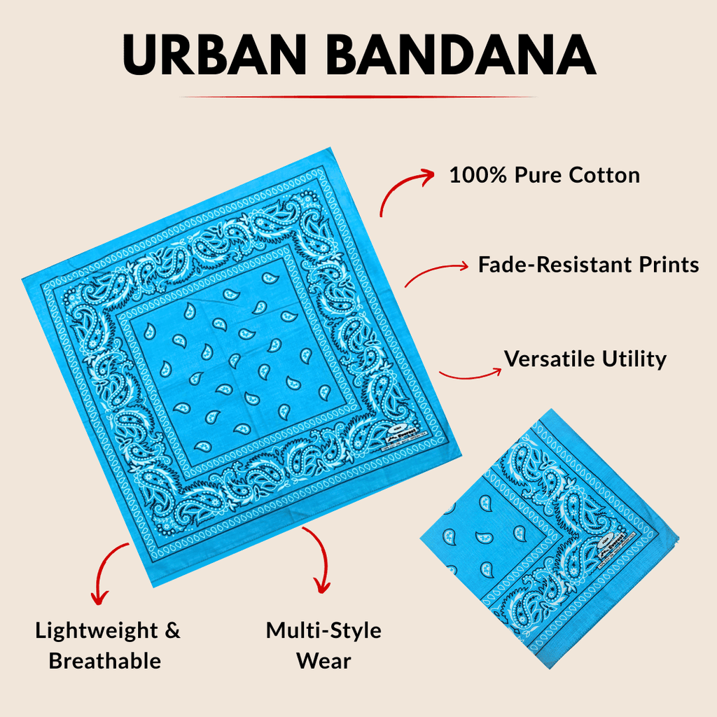 Blue paisley urban bandana with features listed on a beige background