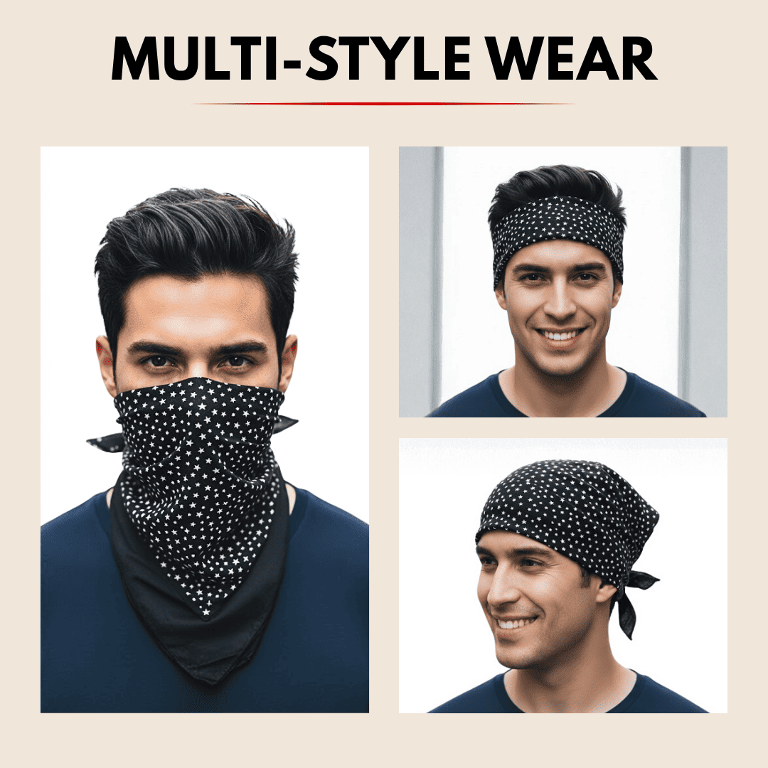 Three images of a man wearing a black and white patterned headscarf and face mask with text 'MULTI-STYLE WEAR'.
