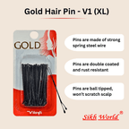 Packaging of gold hair pins with product details on a beige background