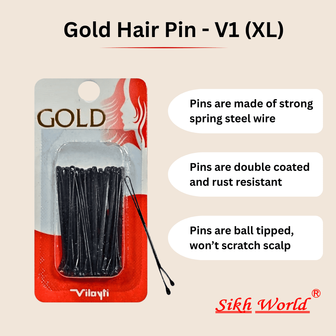 Packaging of gold hair pins with product details on a beige background
