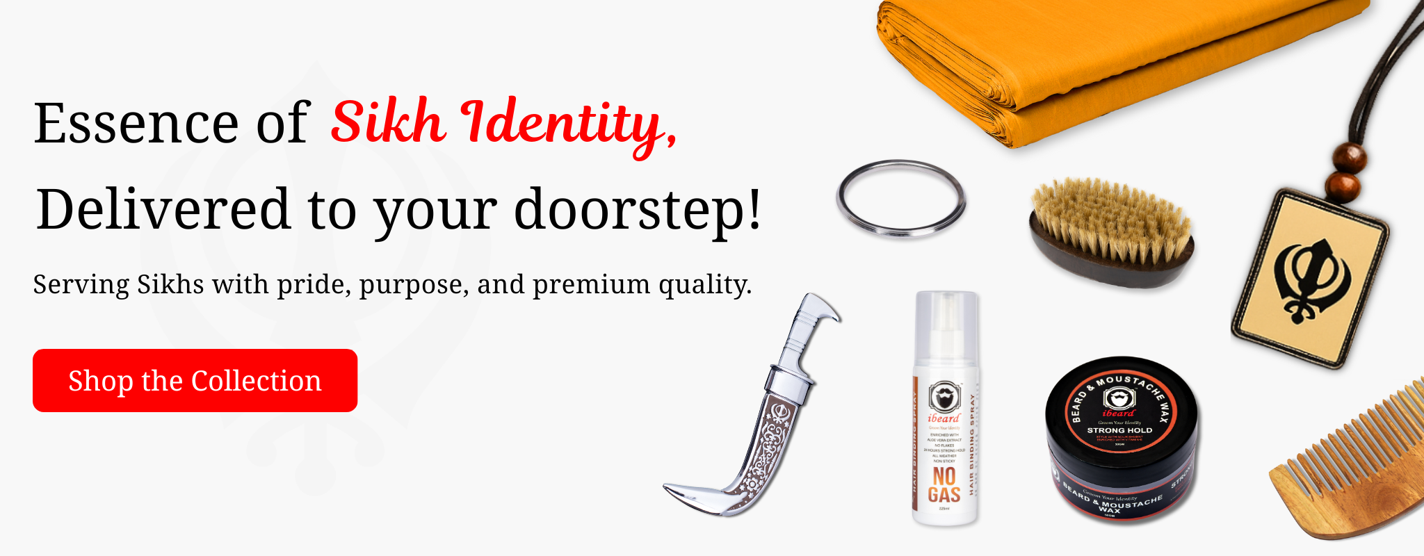 Collection of Sikh identity items including a kirpan, kesh comb, and other accessories on a white background.
