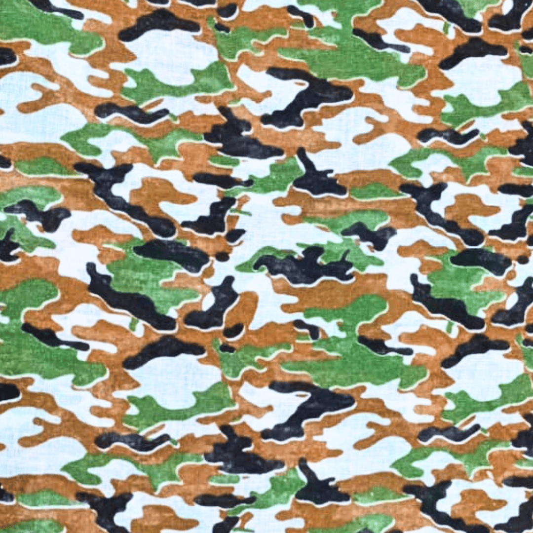 Camouflage pattern with green, brown, black, and white colors.