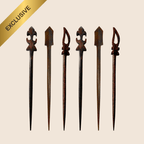 Set of six decorative wooden sticks hair pin with unique designs on a beige background, labeled 'Exclusive'.