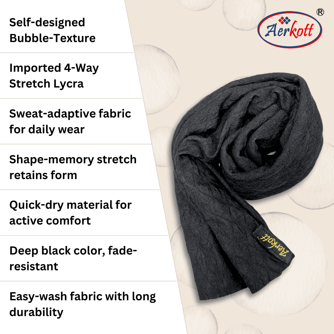 Dark gray scarf with Aerkott branding on a white background, featuring product details.