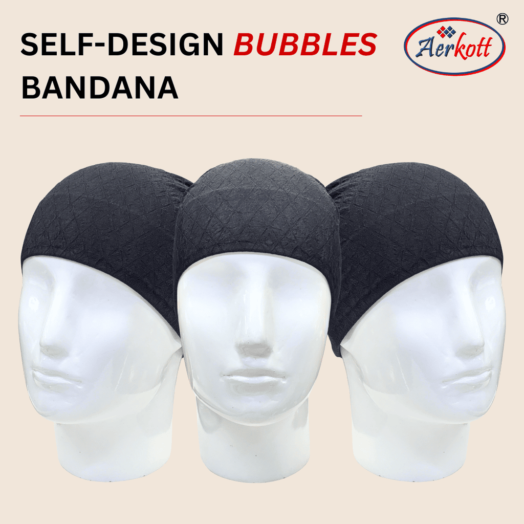 Black bandanas on mannequin heads with 'Aerokott' branding on a beige background