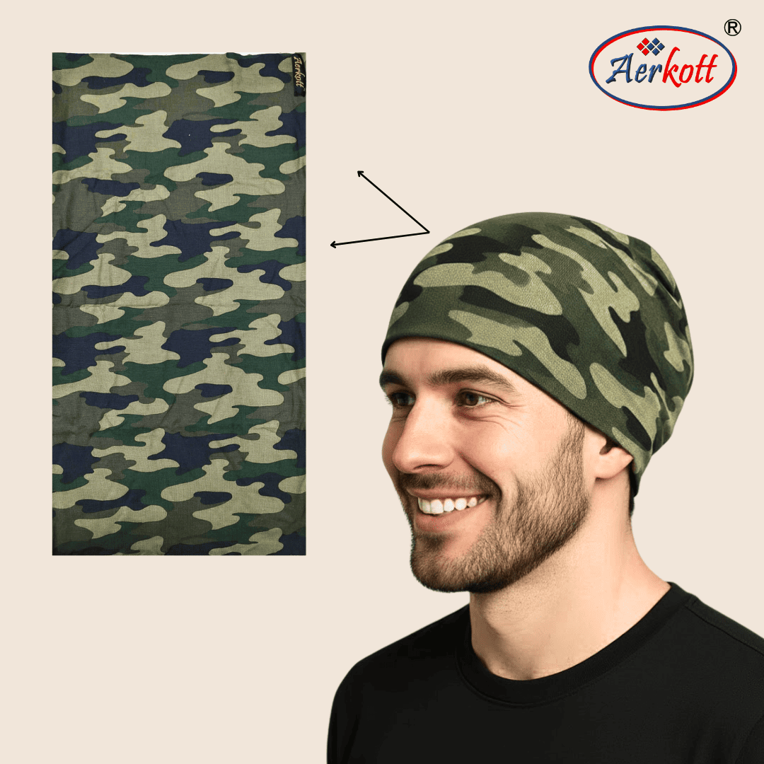Man wearing a camouflage beanie with a matching scarf, Aerkott brand visible