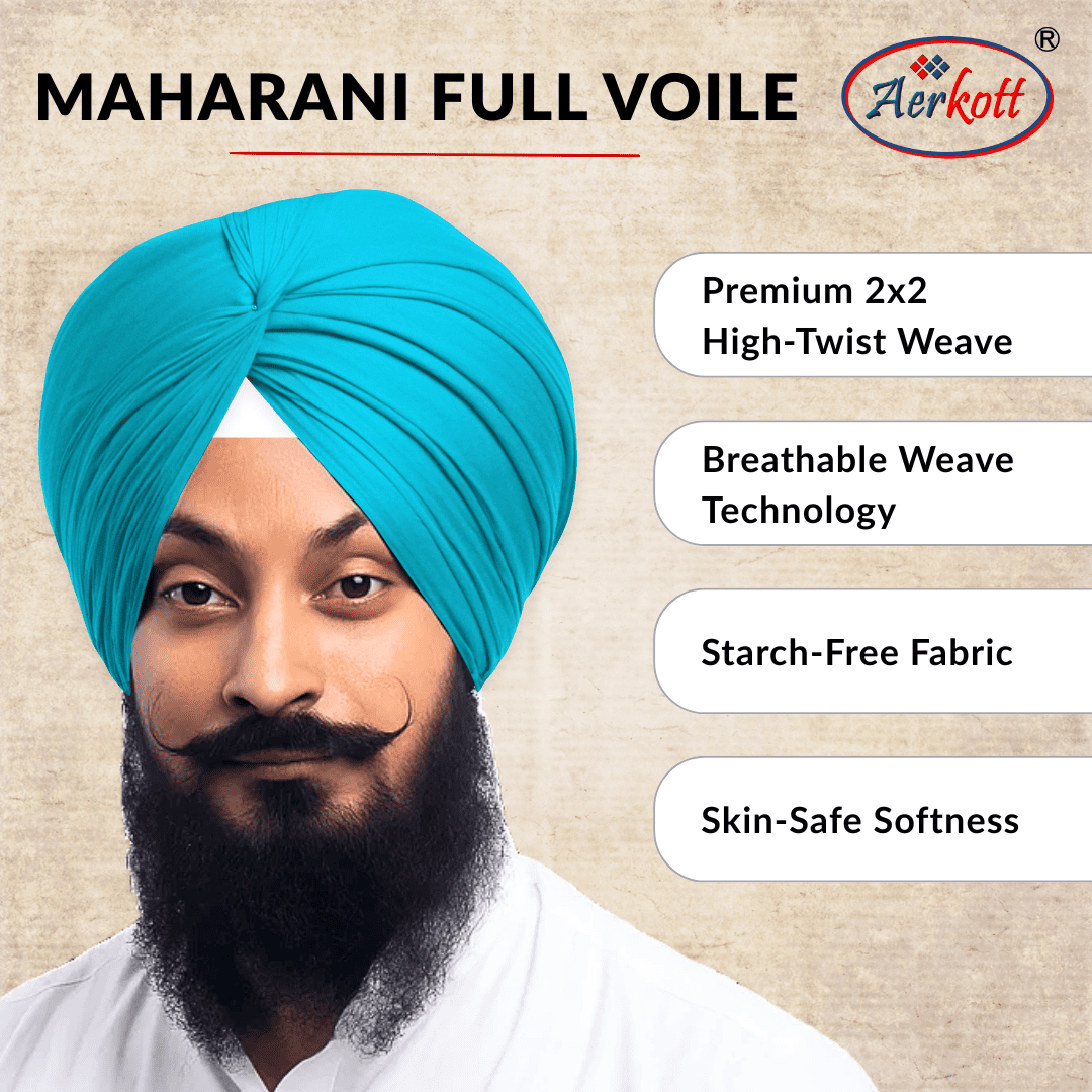 Person wearing a turquoise blue turban with Aerkott Maharani Full Voile product details on a beige background