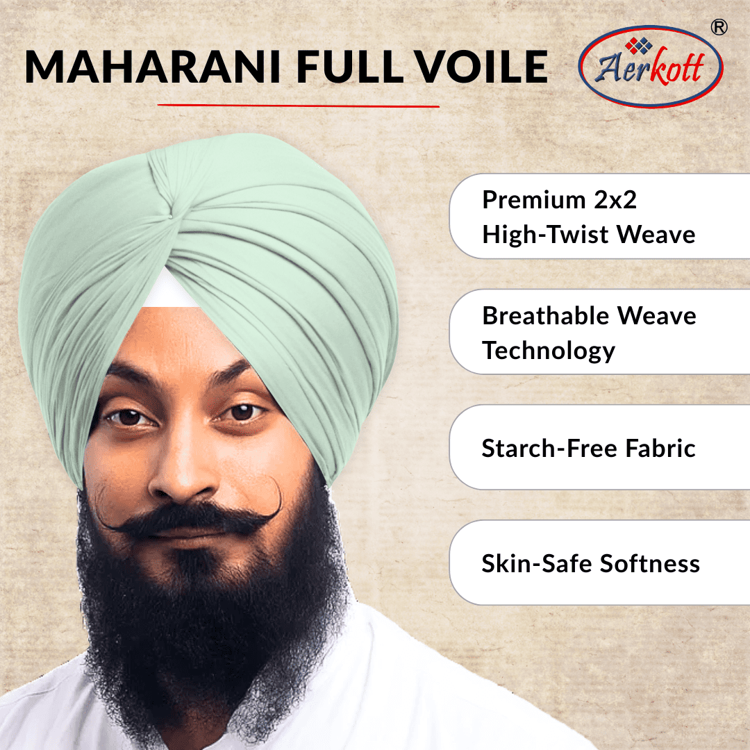 Person wearing a light green turban with Aerkott branding and product features listed.