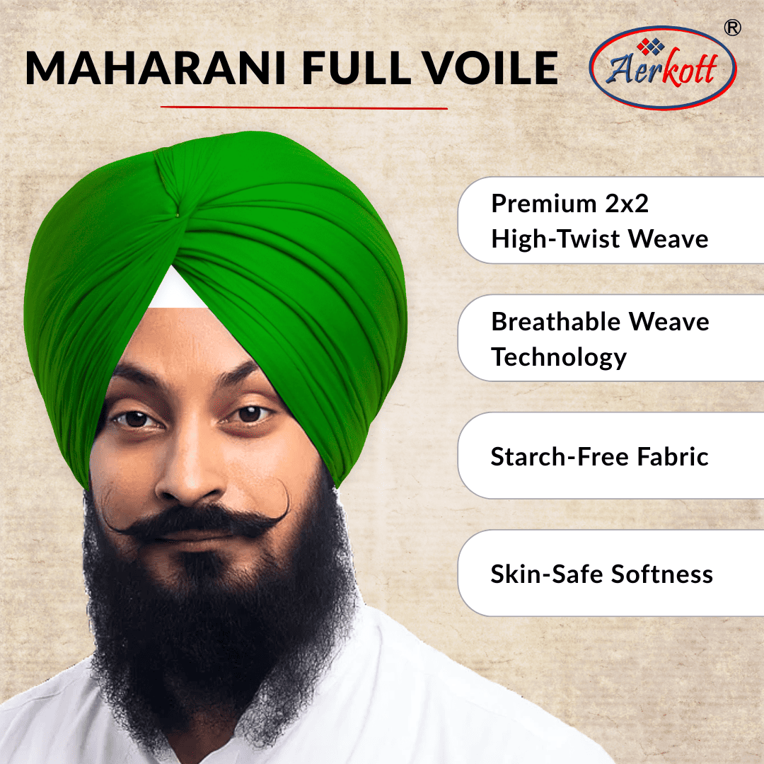 Maharani Full Voile fabric with a man wearing a green turban and Aerkott branding.