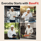 Collage of a man in various activities with 'Everyday Starts with BaseFit' text.