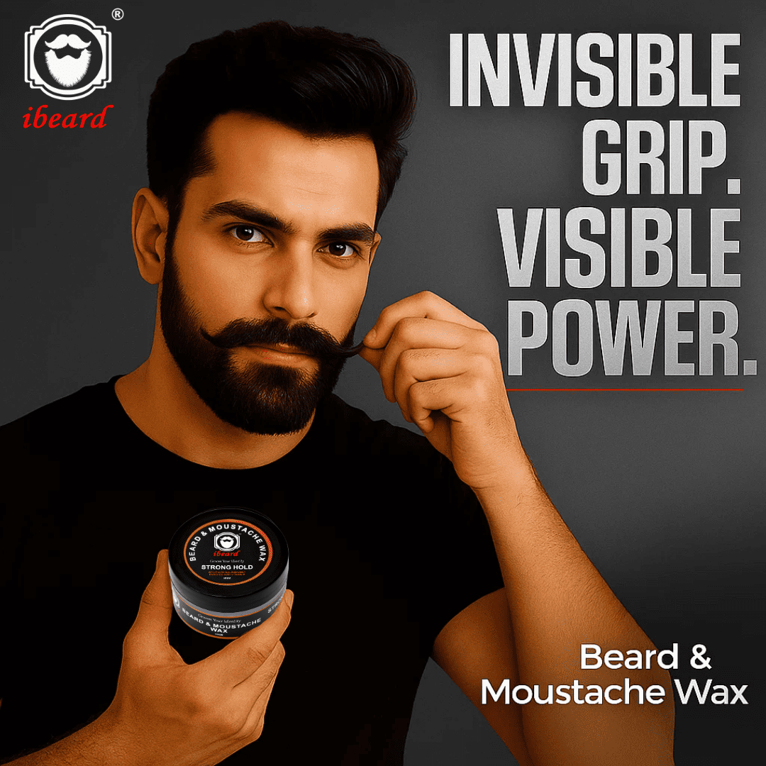 Man holding a container of beard and moustache wax with promotional text on a dark background