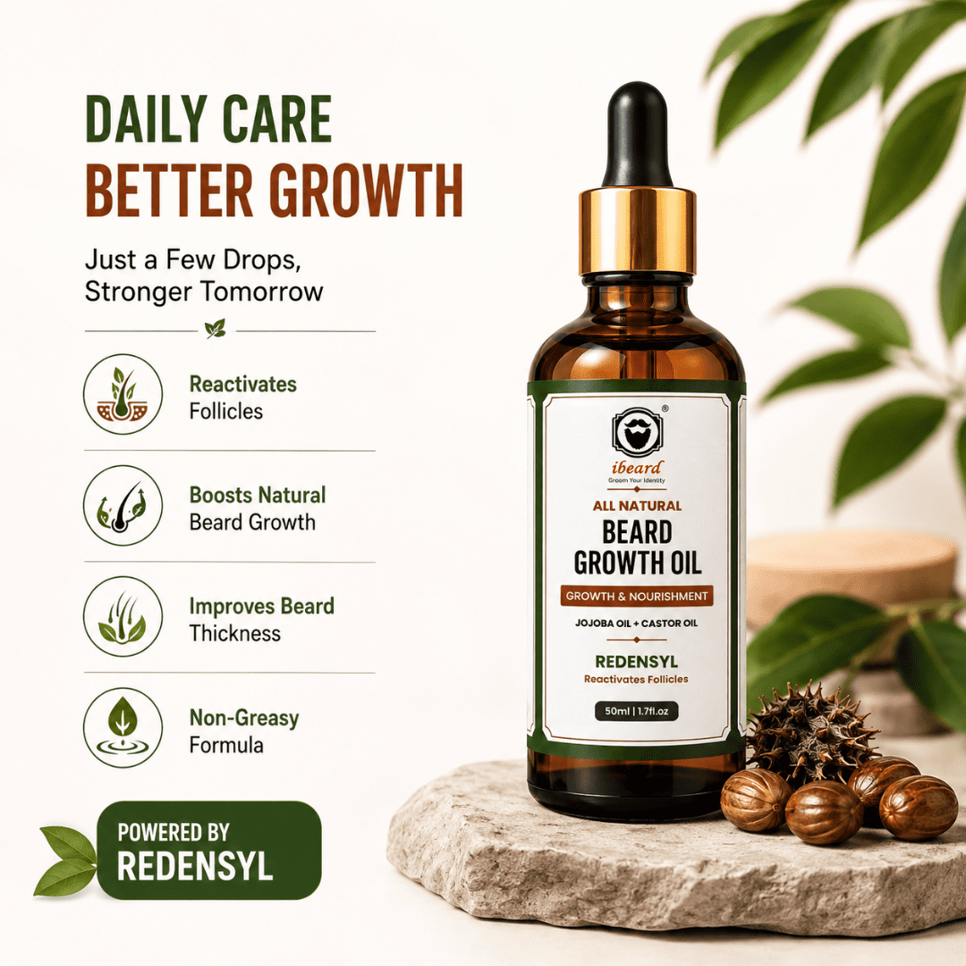 Amber glass dropper bottle of beard growth oil with a white label and gold collar, displayed on a stone slab with nuts and leaves. Text on the left reads 'DAILY CARE BETTER GROWTH' and lists benefits, with 'POWERED BY REDENSYL' at the bottom.