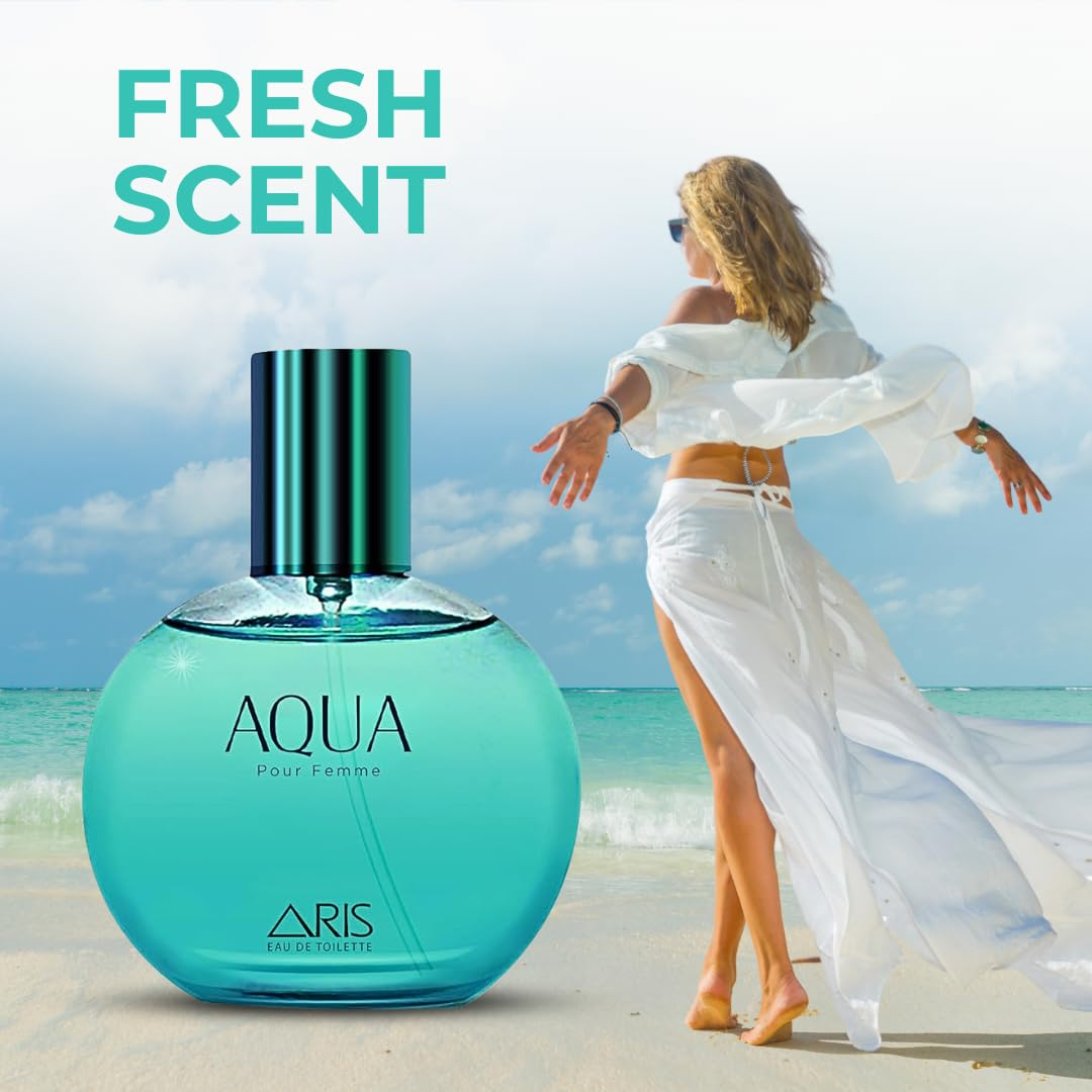 Aqua perfume bottle with a woman on a beach, labeled 'Fresh Scent'.