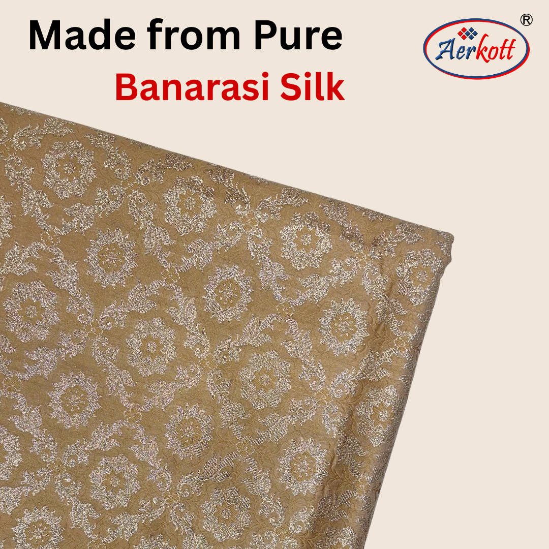 Banarasi silk fabric with floral patterns and Aerkott branding on a beige background