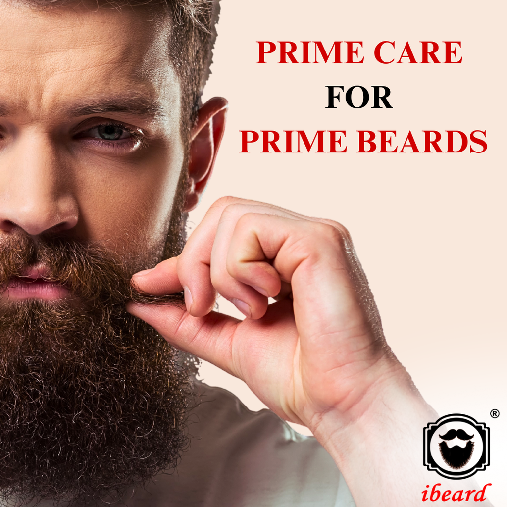Man with a beard touching his face, with text 'Prime Care for Prime Beards' and 'ibeard' logo. wooden beard brush nylon bristles
