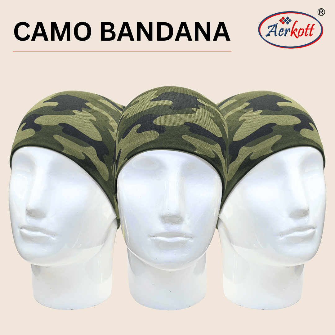 Three camo bandanas on mannequin heads with Aerkott logo above.
