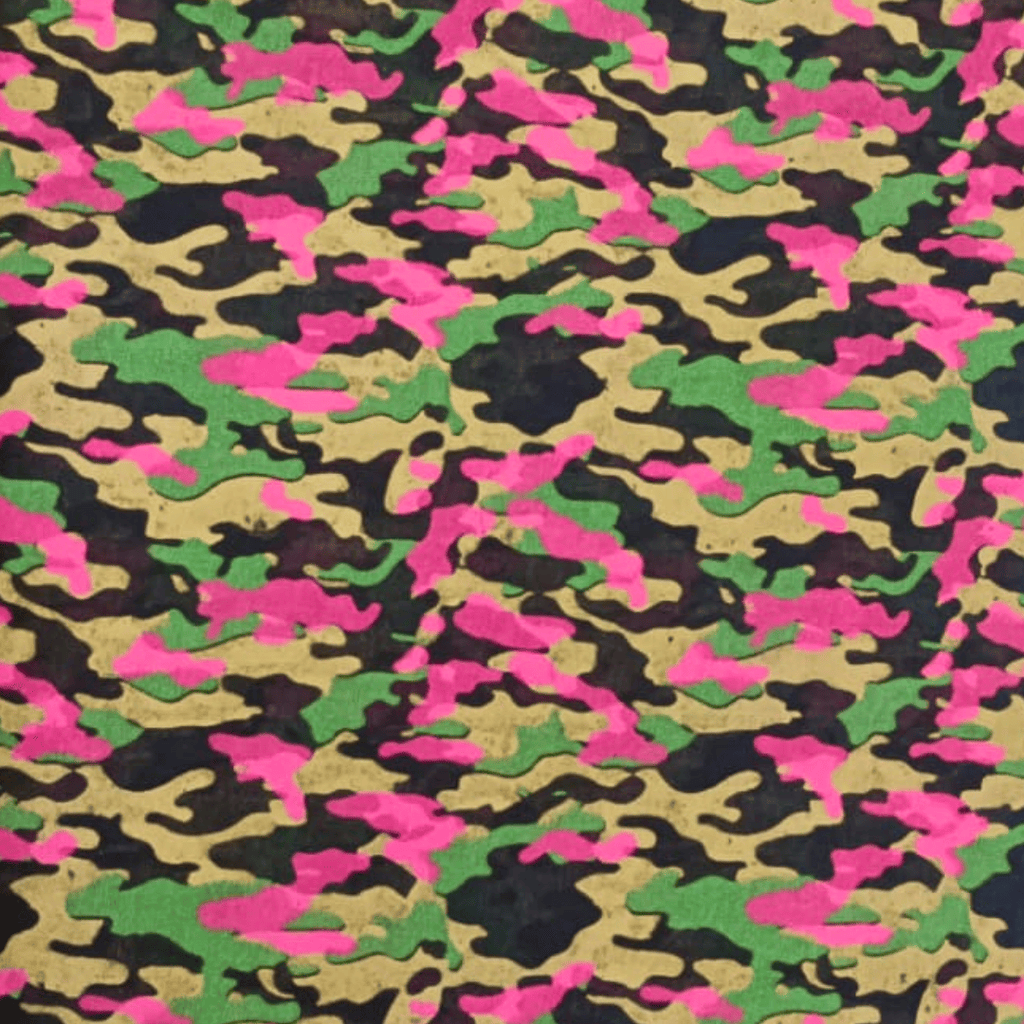 Multicolored camouflage pattern with pink, green, and black colors.