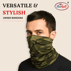 Man wearing a green camouflage bandana with 'Aerokott' branding on a beige background