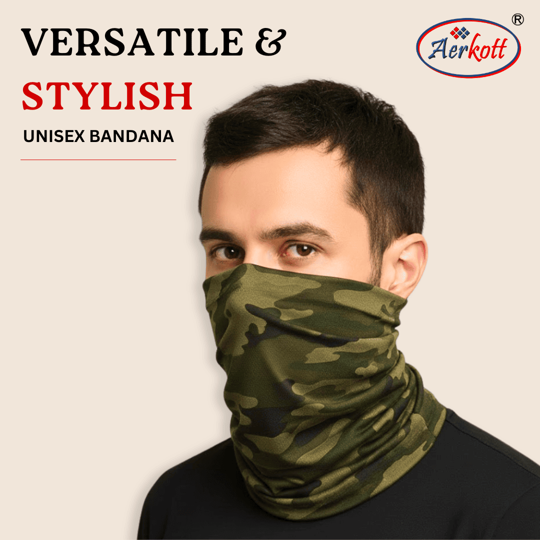 Man wearing a green camouflage bandana with 'Aerokott' branding on a beige background
