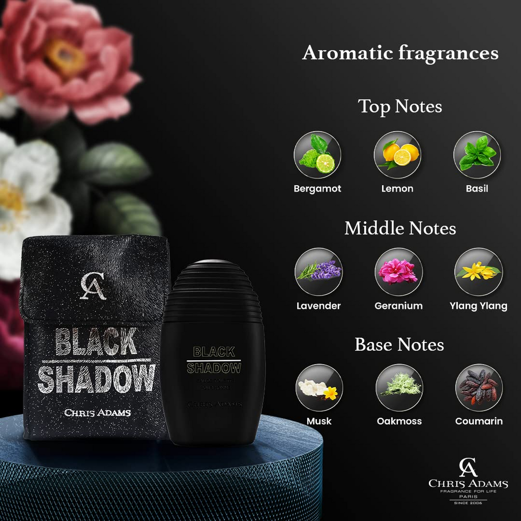 Black Shadow perfume bottle and packaging with fragrance notes on a dark background