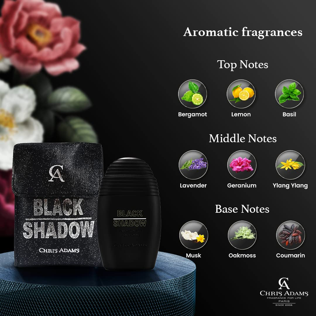 Black Shadow perfume bottle and packaging with fragrance notes on a dark background