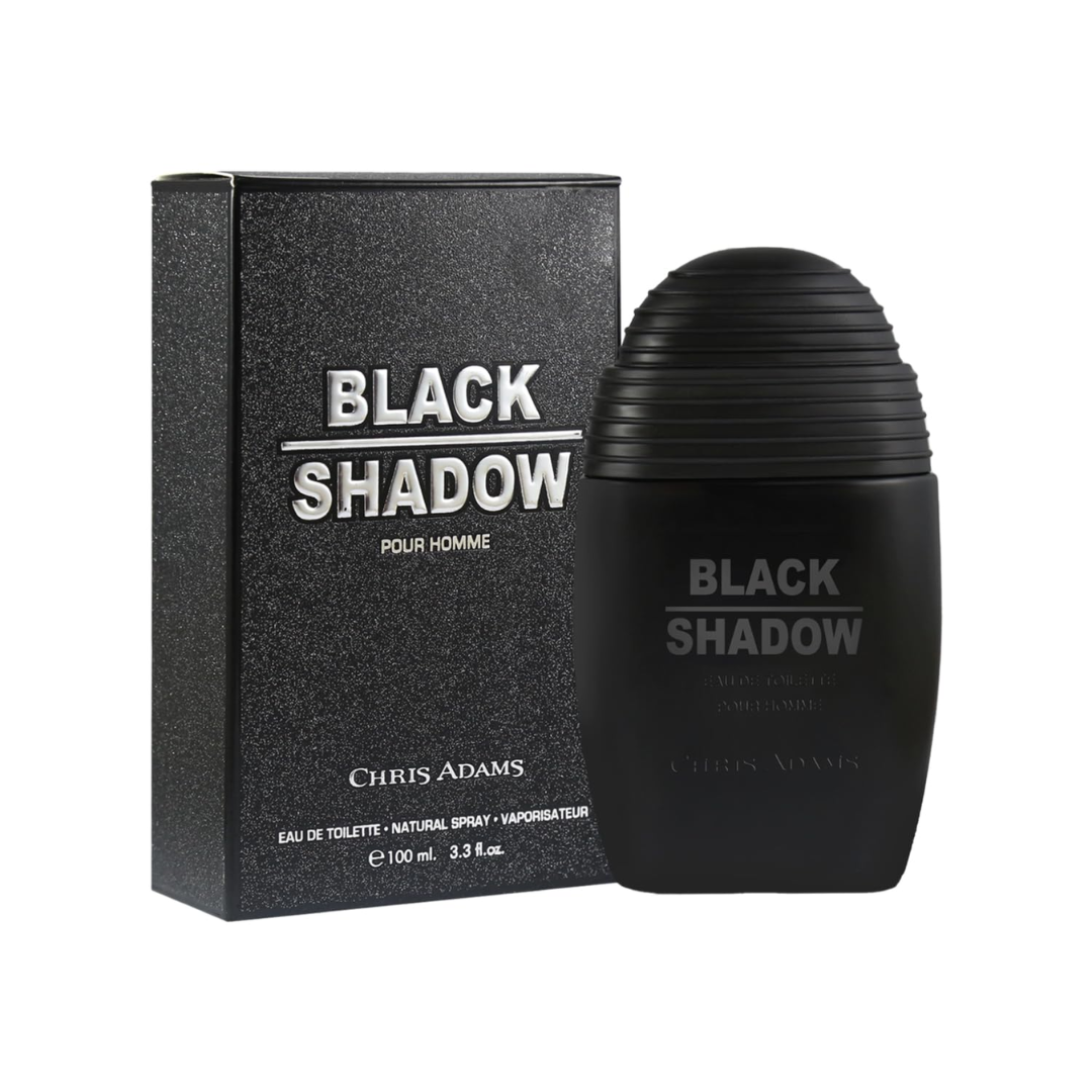 Black Shadow perfume bottle and packaging on a white background