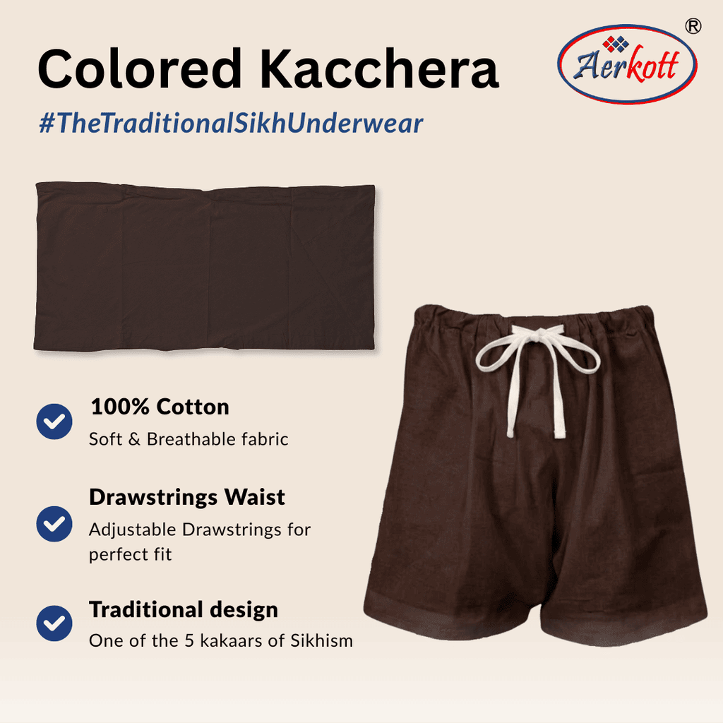 Brown kacchera with drawstrings and Aerkott logo on a beige background