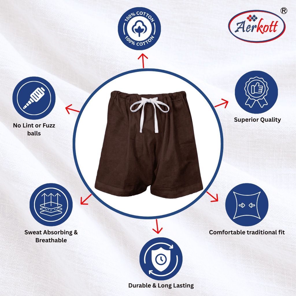 Brown sikh traitional kacchera/underwear with Aerkott branding and feature icons on a white background
